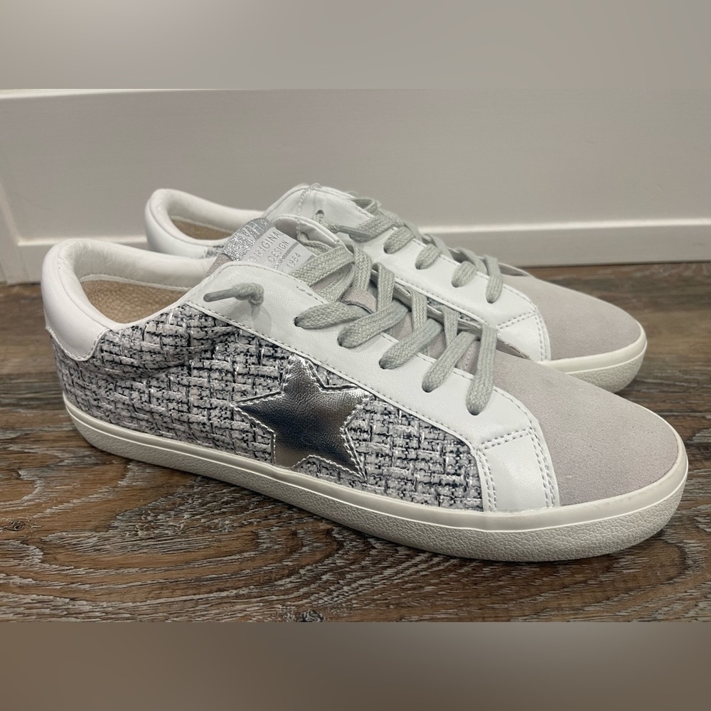 Vintage Havana White and Gray Sneakers with Star & Tweed Detail, Sz Women 11